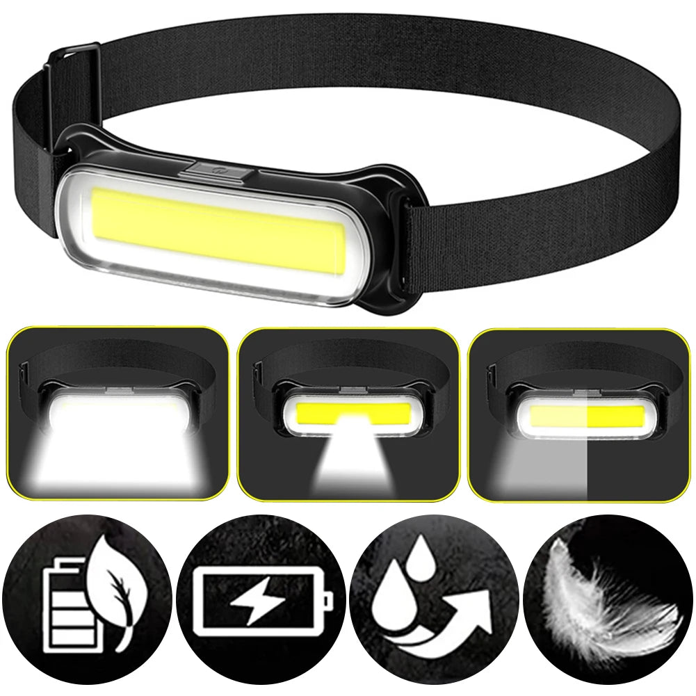 USB Rechargeable LED Headlamp 3 Modes Adjustable Headband