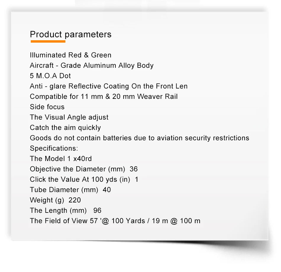 Red Dot Sight 1x40mm Reflex Sight Water & Shock& Fog-Proof