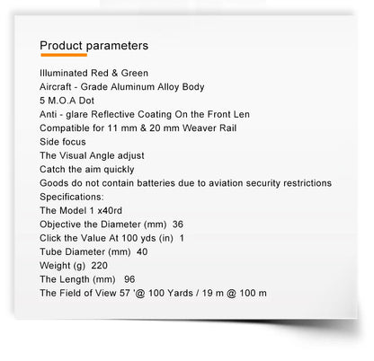 Red Dot Sight 1x40mm Reflex Sight Water & Shock& Fog-Proof