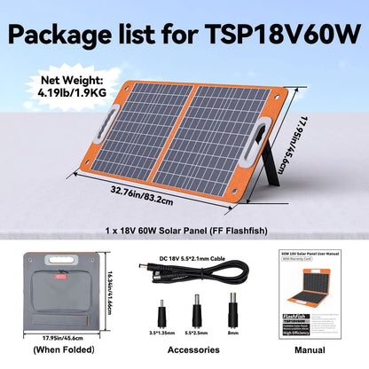 FF Flashfish 18V 60W Portable Foldable Solar Panel Solar Charger with DC Output USB-C QC3.0 for Phones Tablets Camping RV Trip