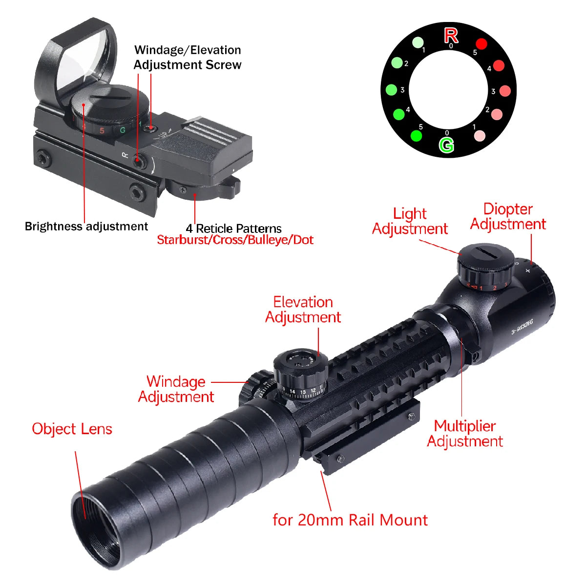 Tactical 3-9X32EG Riflescope Laser Red Dot