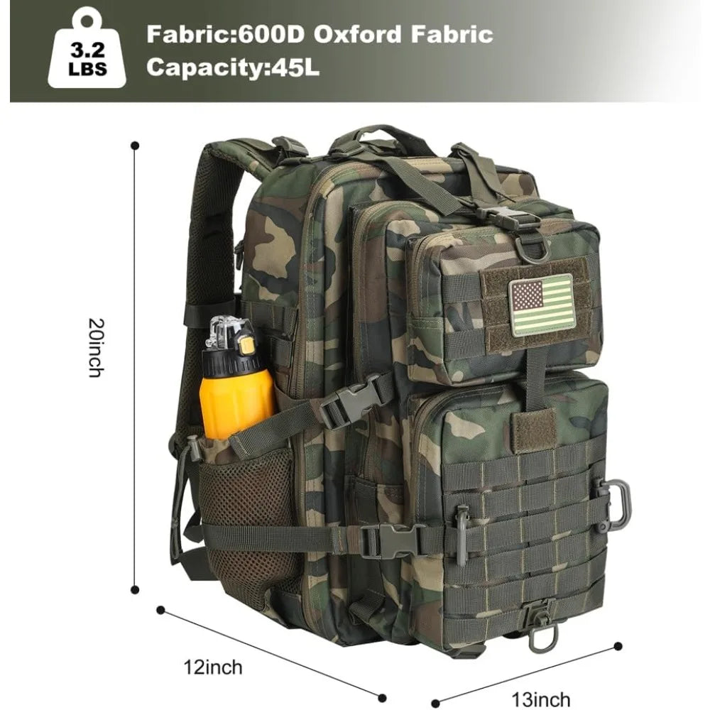 45L Tactical Backpack  Bottle Holder, 3-Day Pack