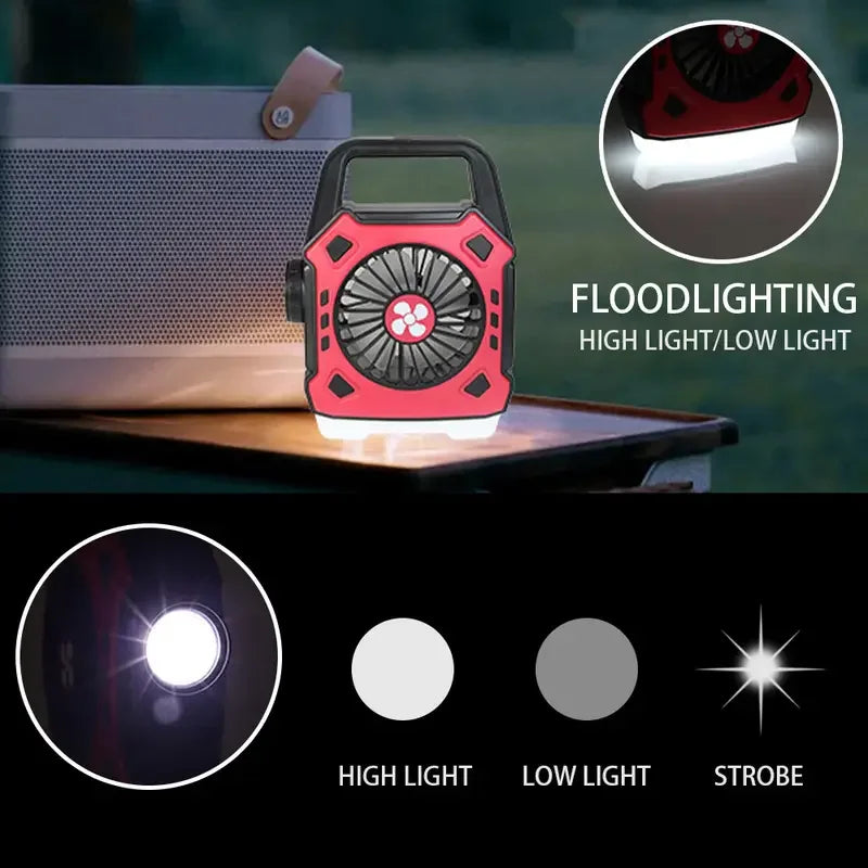 2-in-1 Portable LED Camping Fan & Lamp, USB Rechargeable, Outdoor Handle Light for Camping, Office, Party, Fishing, Emergency Us