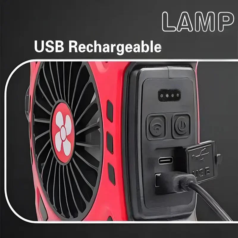 2-in-1 Portable LED Camping Fan & Lamp, USB Rechargeable, Outdoor Handle Light for Camping, Office, Party, Fishing, Emergency Us