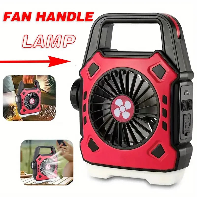 2-in-1 Portable LED Camping Fan & Lamp, USB Rechargeable, Outdoor Handle Light for Camping, Office, Party, Fishing, Emergency Us