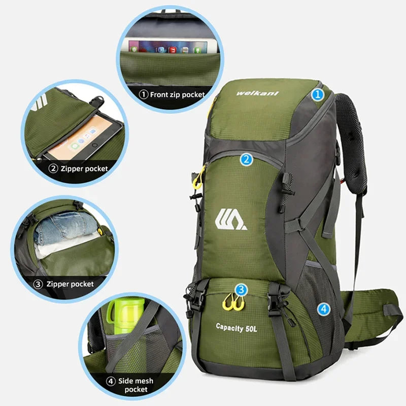 50L Large Waterproof Mountaineering Backpack Camping Men Hiking Bag Tourist Rucksack  Outdoor Sports Climbing  Bag Luggage Travel