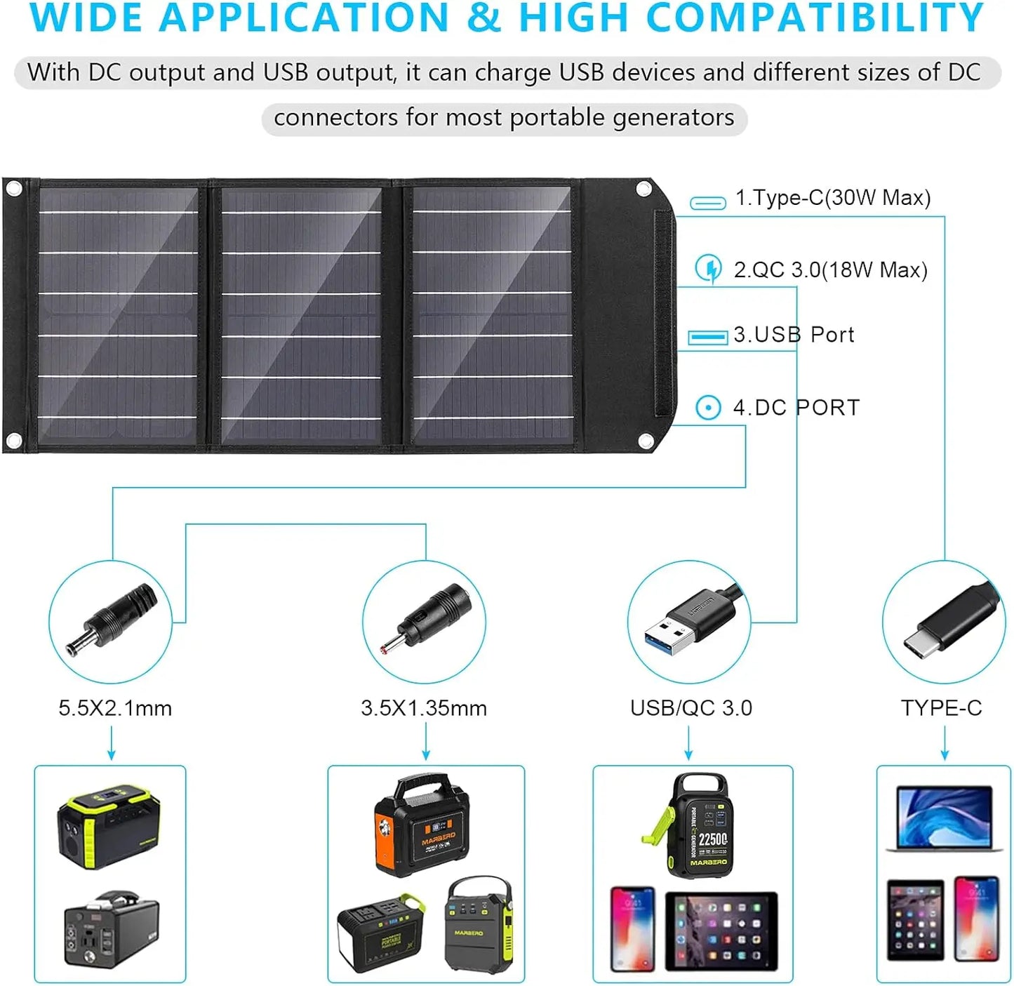 18V Foldable Solar Panel 30W/60W/100W – Portable Solar Charger